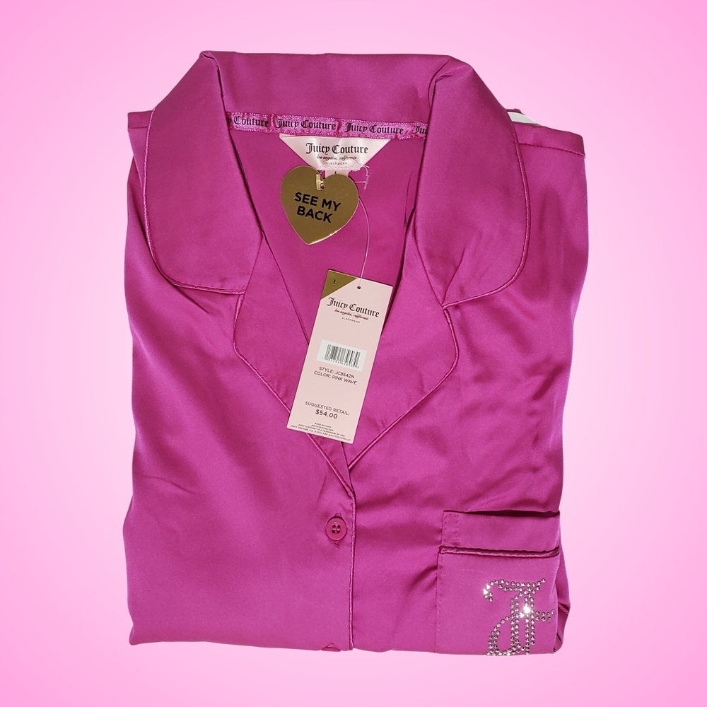 Juicy Couture Satin Pajama Set Short Sleeve Top & Shorts Large Pink Wave Studded